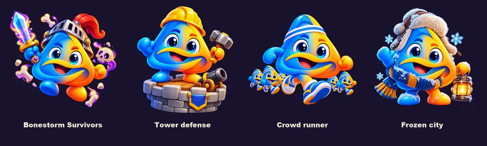 The mascot in four costumes: a knight with a glowing sword, a builder in a hard hat on a stone tower, a runner with a headband leading a crowd of tiny mascots, and a winter version with a fur hat, scarf and lantern.