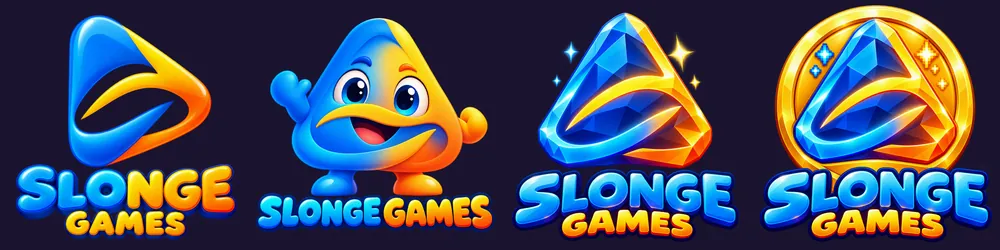 Four Slonge Games logo concepts: a glossy play button, a waving triangle mascot, a faceted gem and a gold coin, each above the Slonge Games wordmark.