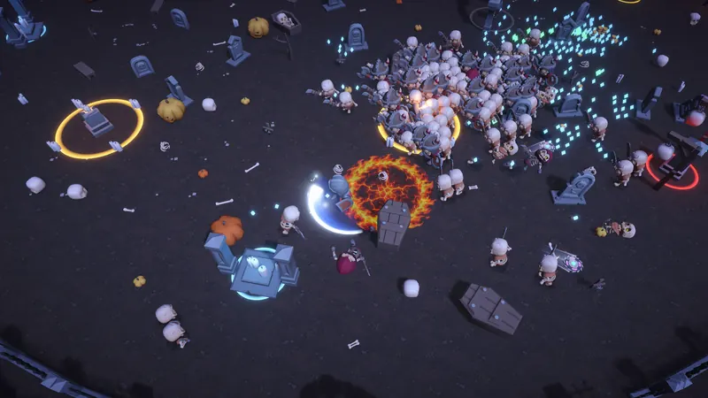Bonestorm Survivors gameplay: a skeleton horde closing in on the hero in the Moonlit Graveyard.