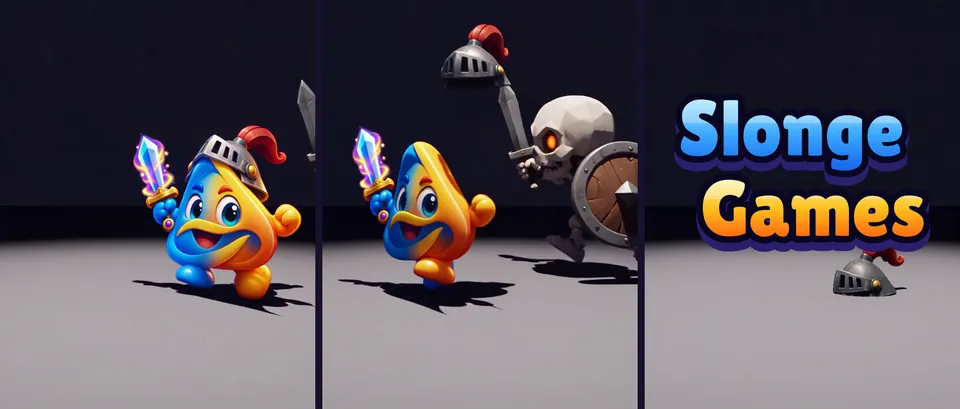 Three frames from the studio intro: the knight mascot with its sword, the helmet flying off as a skeleton charges, and the empty helmet lying next to the Slonge Games logo.