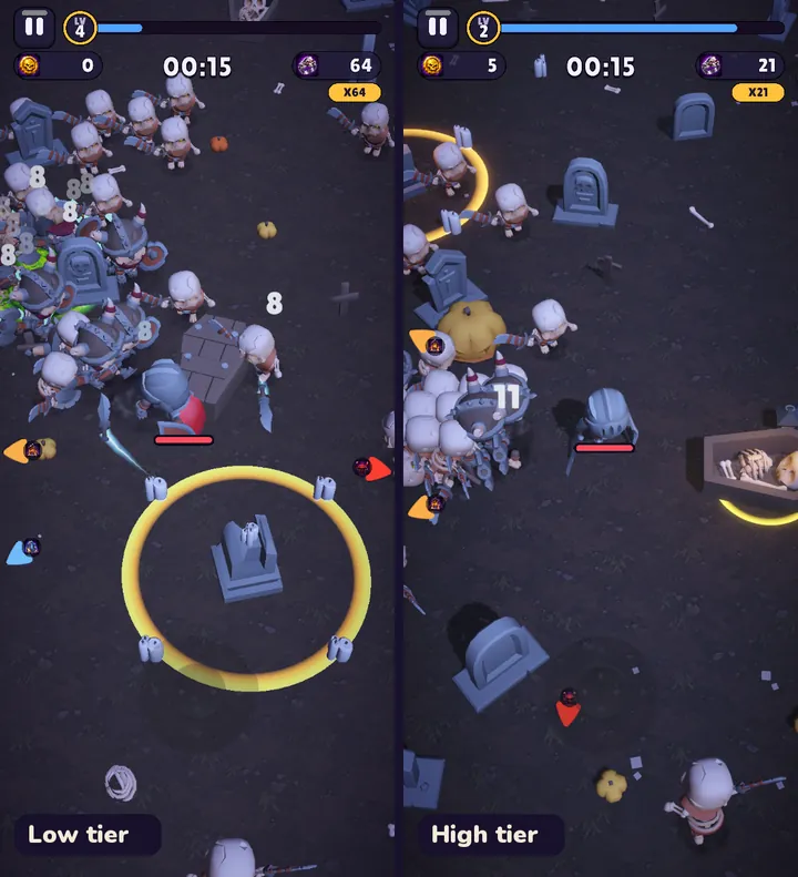 The same graveyard scene rendered on the Low tier, flatter and without shadows, and on the High tier with shadows and lighting.