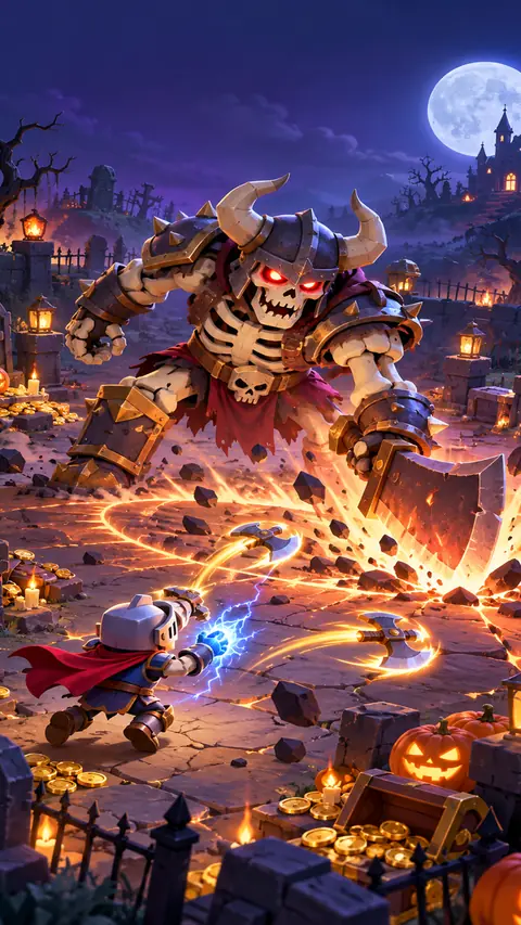 Illustration: a giant horned skeleton lord slams the ground as a small knight charges with an axe.
