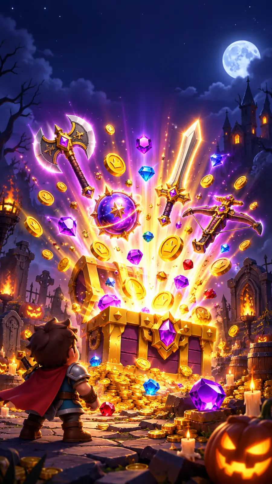 Illustration: a royal chest bursting open with gold, gems and weapons in front of a hero.