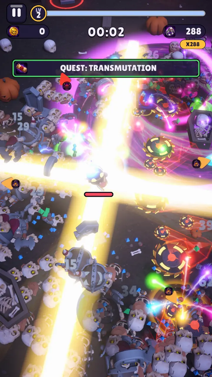 Bonestorm Survivors gameplay: four evolved weapons firing at once through a skeleton horde.