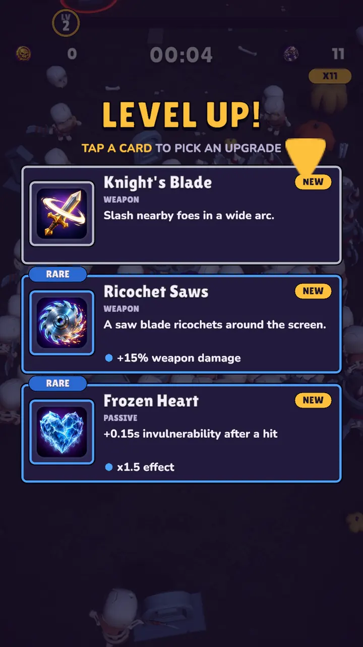 Bonestorm Survivors level-up screen offering three upgrade cards: Knight's Blade, Ricochet Saws and Frozen Heart.