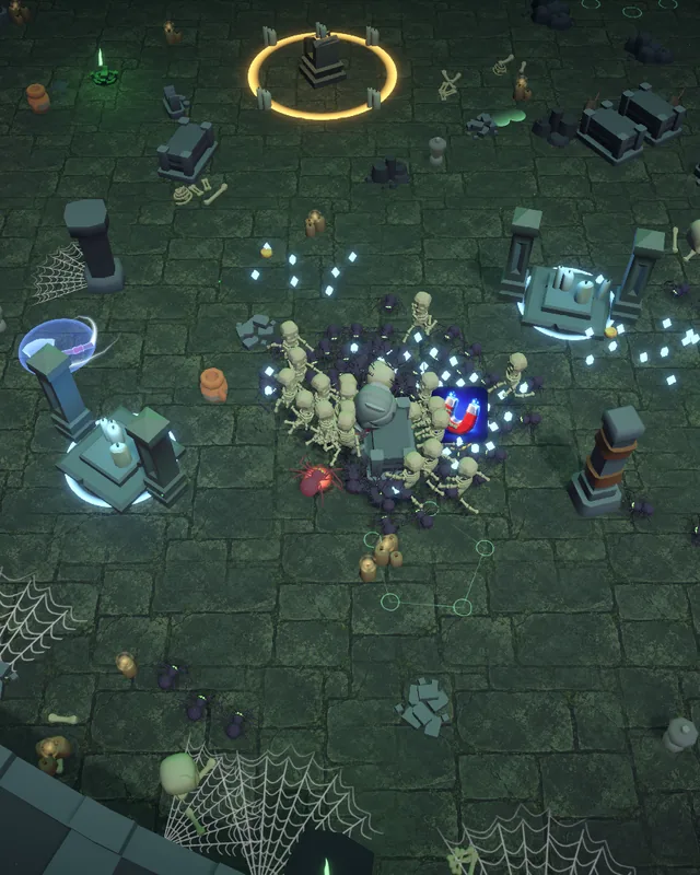Spider Catacombs gameplay: the hero fights in the stone crypt between cobwebs, tombs and glowing altar rings.
