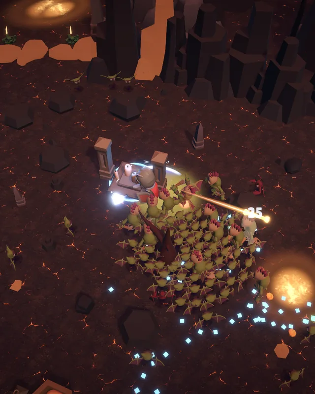Volcanic Forge gameplay: the hero holds off the horde between glowing lava vents and basalt cliffs.