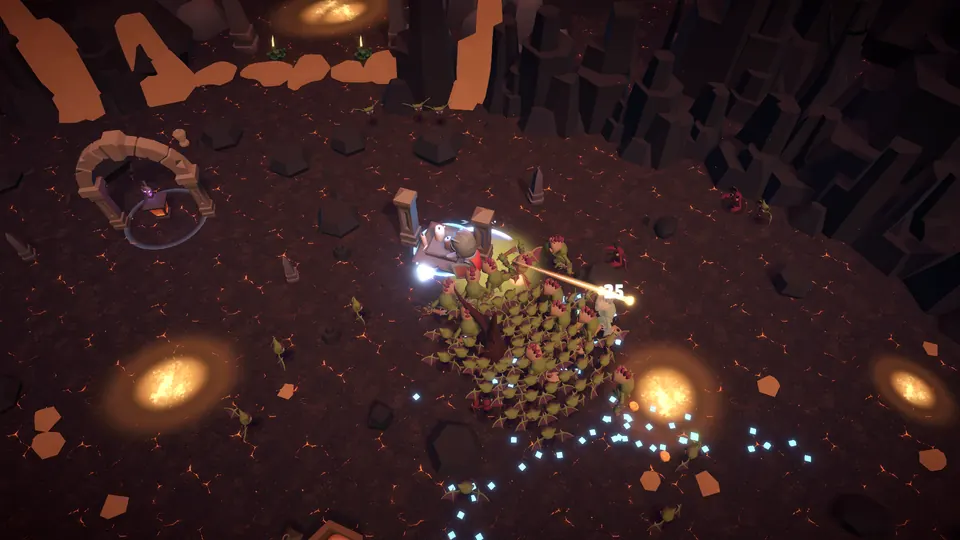 Bonestorm Survivors gameplay: the hero holds off the horde between glowing lava vents in the Volcanic Forge.