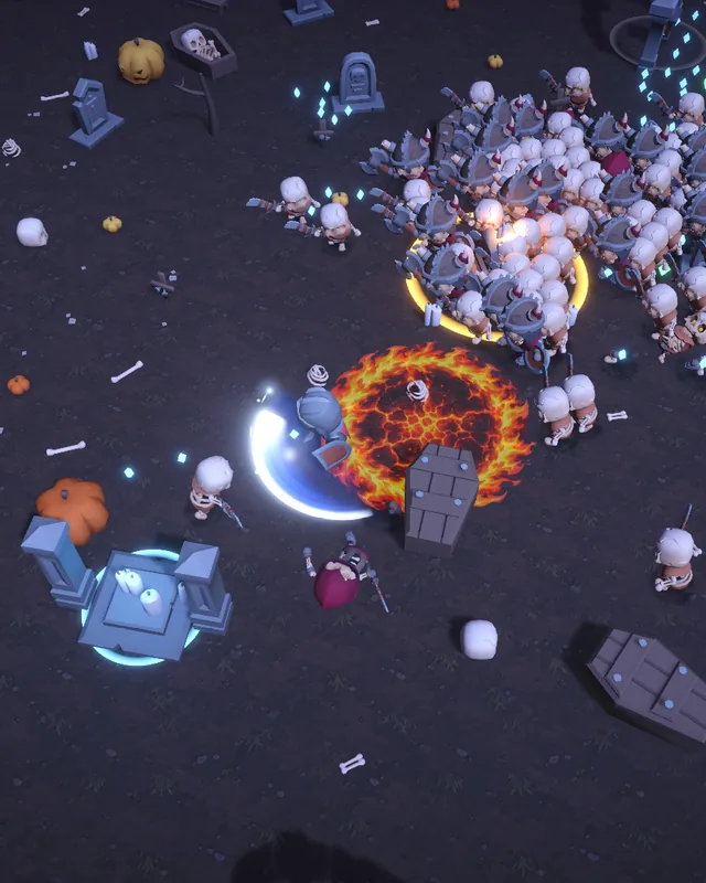Moonlit Graveyard gameplay: the hero and a skeleton horde among gravestones, coffins, pumpkins and glowing altar rings.